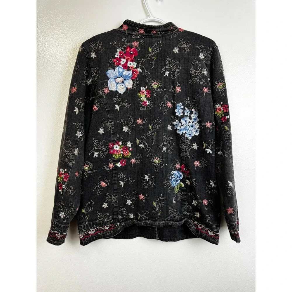 Denim & Co Floral Embroidered Denim Chore Coat Jacket Black Size Large - Picture 3 of 9